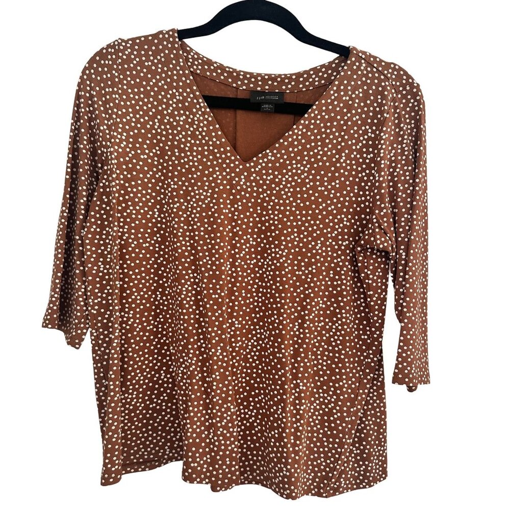 J.Jill Wearever Collection Polka Dot V-Neck Top Brown Rust White SP Petite 3/4 S